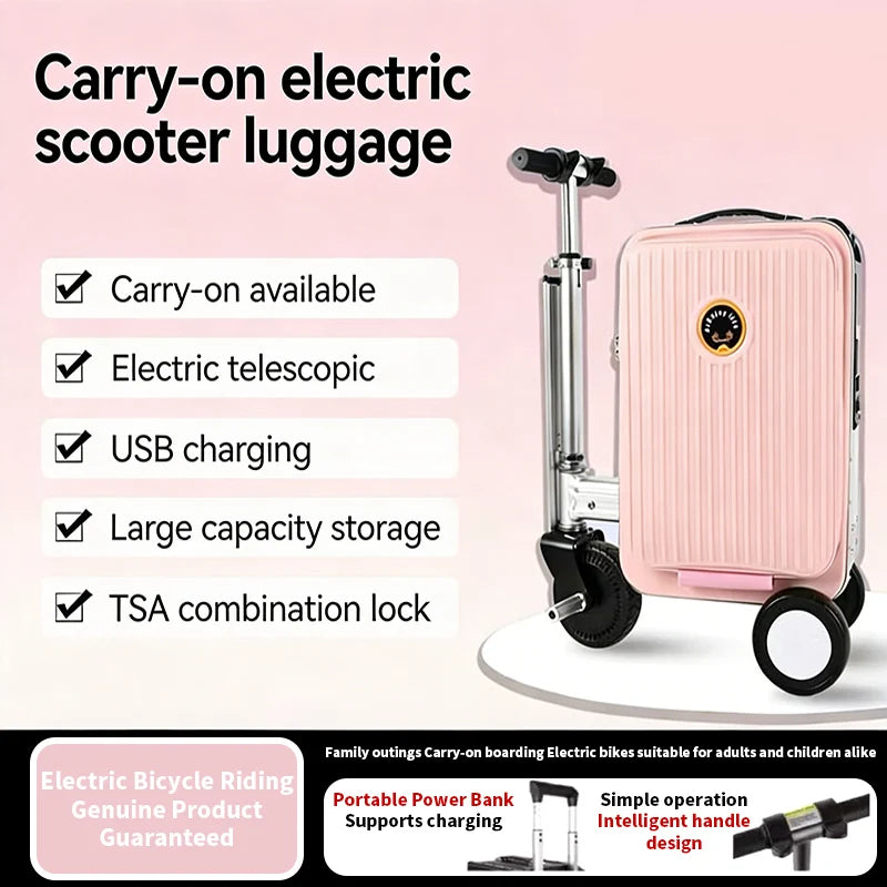 Pink suitcase with scooter attachment on a pink background, featuring text about its features.