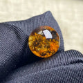 A round resin cabochon featuring dried botanical elements inside, resting on a textured dark gray fabric surface.
