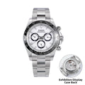 Silver watch with detailed face and exhibition display case back on a white background