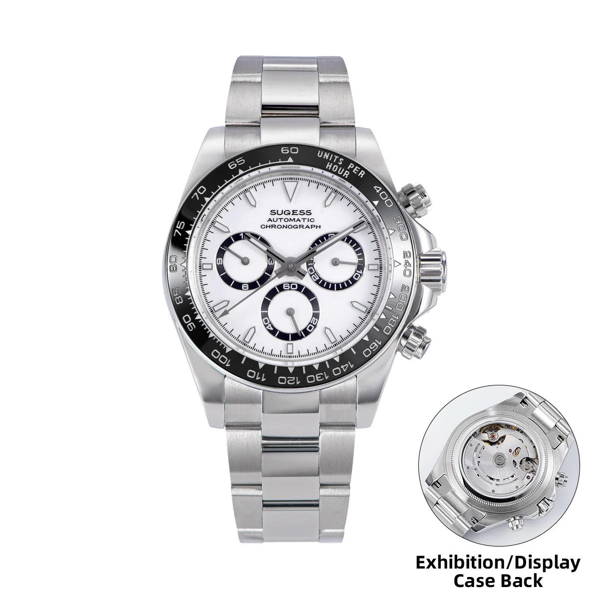 Silver watch with detailed face and exhibition display case back on a white background