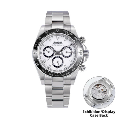 Silver watch with detailed face and exhibition display case back on a white background