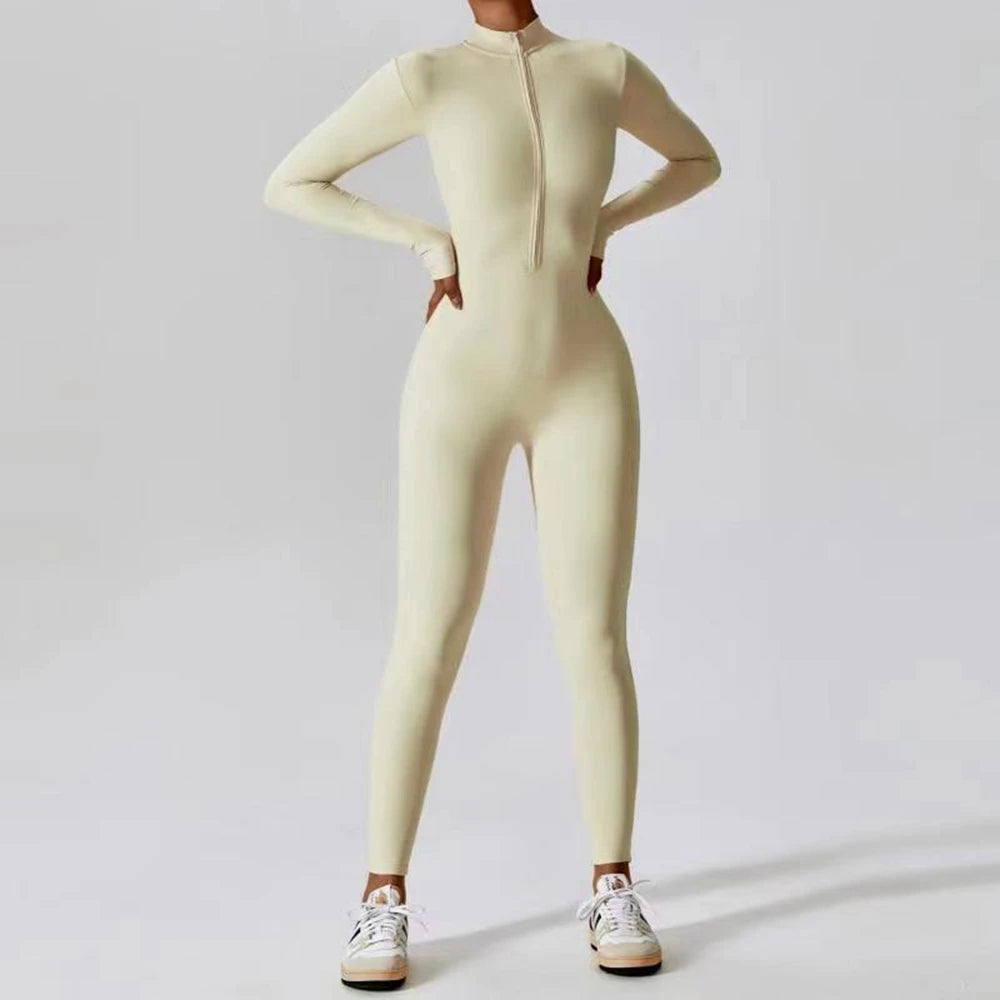 Womens Jumpsuits Long Sleeve Yoga Slim Fit Stretch One Piece Romper Sexy Fitness Female Black Basic Sportwears Tight Zipper