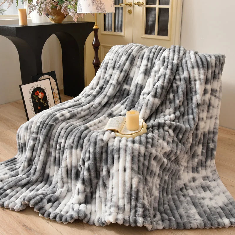 Wide Stripe Imitation Rabbit Plush Blanket Autumn Winter Warm Double Bed Blankets Fluffy Soft Tie-Dye Flannel Sofa Throw Blanket