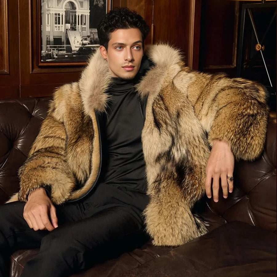 A man wearing a luxurious brown and beige fur coat with a large fluffy collar, layered over a black turtleneck and black trousers, sitting on a dark brown leather couch in a warm, elegant room.