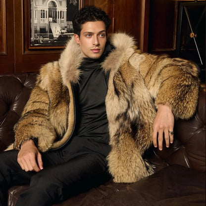 A man wearing a luxurious brown and beige fur coat with a large fluffy collar, layered over a black turtleneck and black trousers, sitting on a dark brown leather couch in a warm, elegant room.