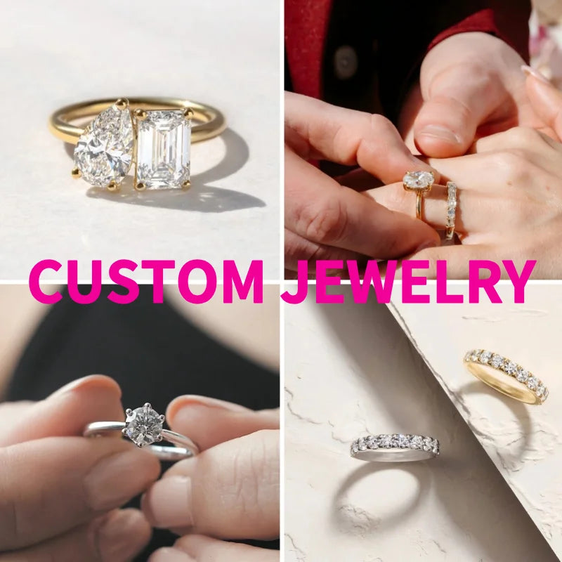 A four-panel collage showcasing custom diamond rings being worn on hands, with two rings displayed on a light surface, and large pink text reading 'CUSTOM JEWELRY' across the center.