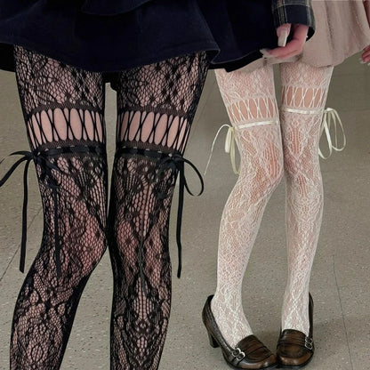 Tie Fishnet Suspender Socks for Women Sexy Slim Nylon Mesh Thigh High Stockings White Tights Pantyhose