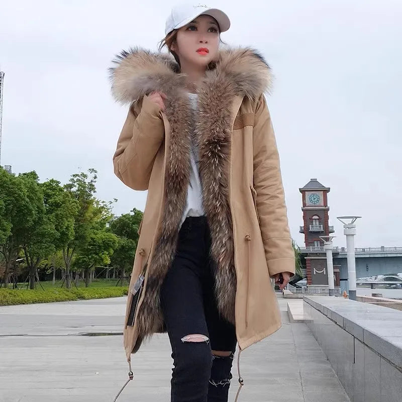 Vexaroa Women's Real Natural Fur Coat Long Hooded Parka with Fur Liner Winter Jacket