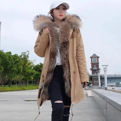 Vexaroa Women's Real Natural Fur Coat Long Hooded Parka with Fur Liner Winter Jacket