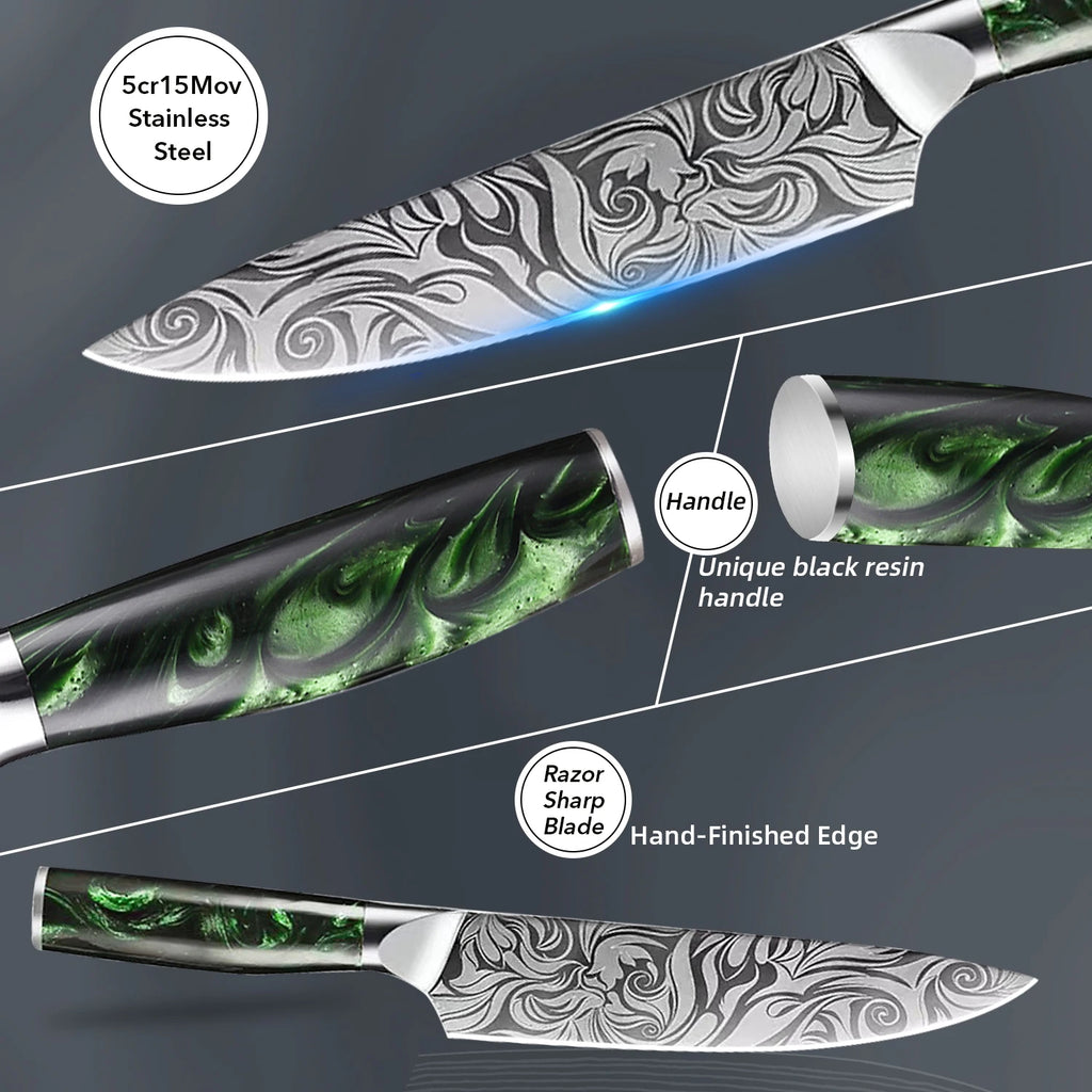 Kitchen Knife Set Stainless Steel Ultra Sharp Paring Boning Santoku Cleaver Bread Chef Knife with Green Resin Handle