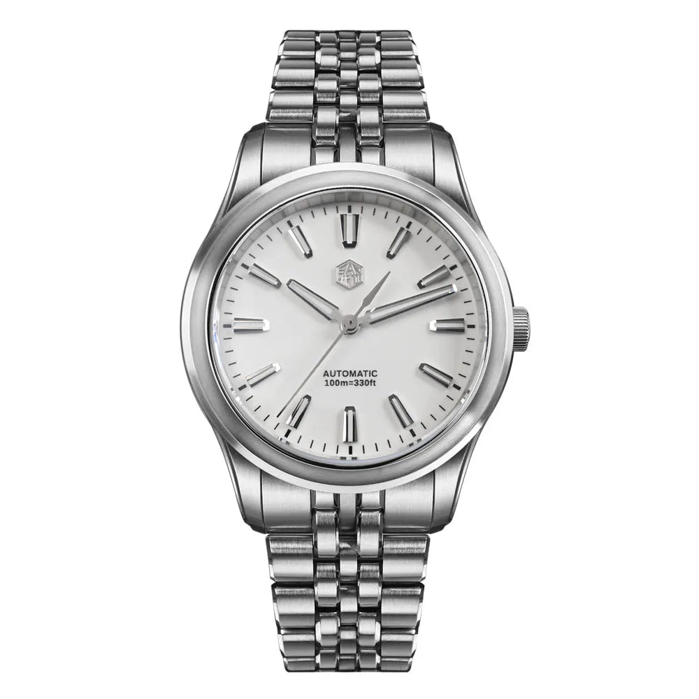 Silver watch with a white face on a white background