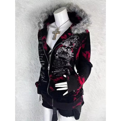 Vintage Popular Dark Rock Hip Hop Print Sports Sweater Women Y2K Streetwear Casual Joker Plus Velvet Padded Fur Collar Hoodies
