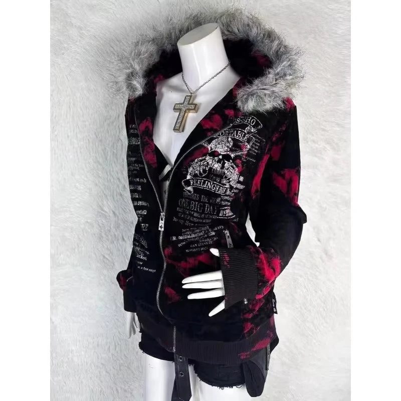 Vintage Popular Dark Rock Hip Hop Print Sports Sweater Women Y2K Streetwear Casual Joker Plus Velvet Padded Fur Collar Hoodies