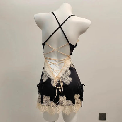 Vexaroa Ice Silk Lace Nightgown – Backless Suspender Pajamas