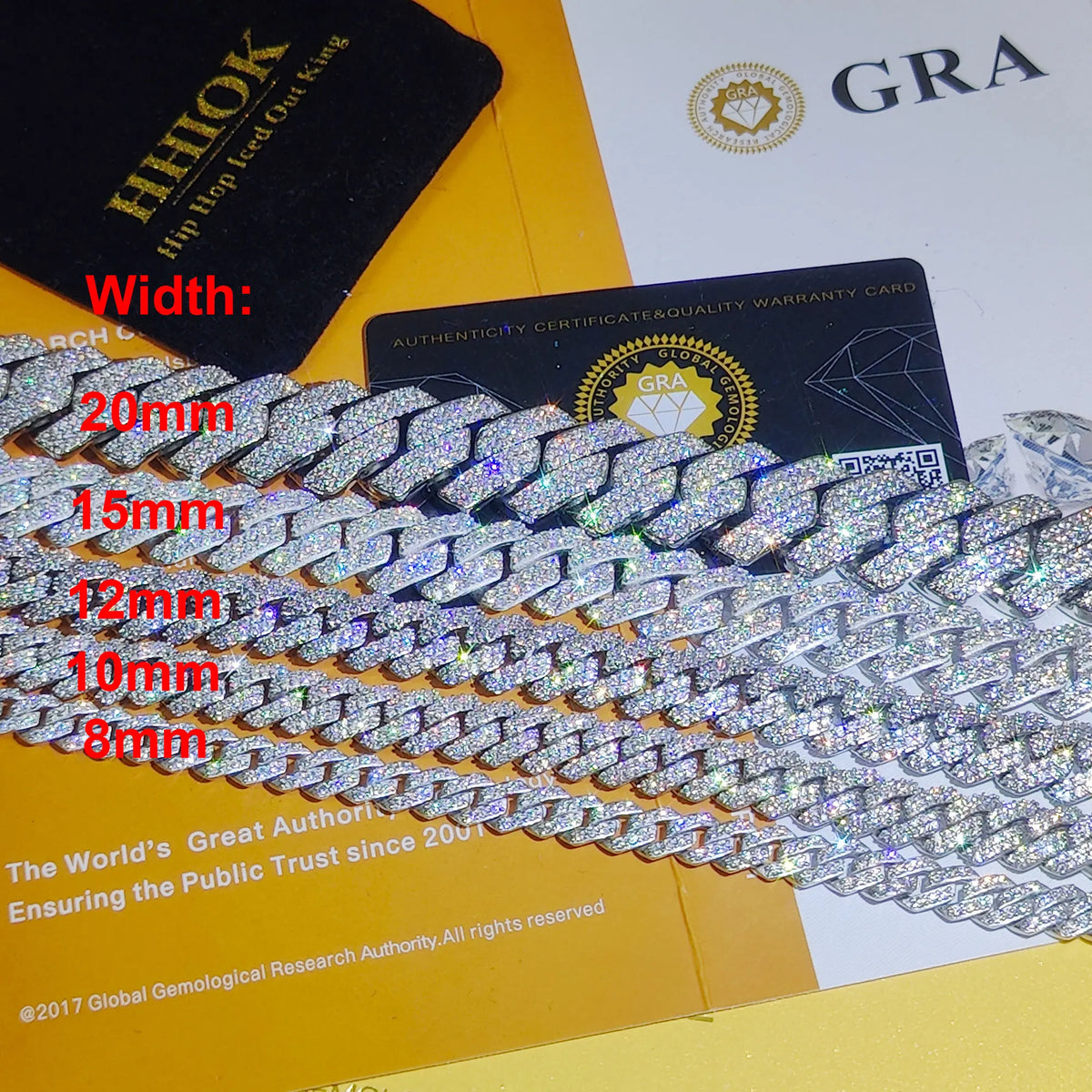 Diamond chain with visible width measurements on a yellow and white background, featuring 'GRA' branding.