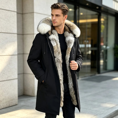 Long Natural Coyote Fur Parka With Hood Real Muskrat Fur Jacket Winter Warm Wolf Fur Coats Best Selling Genuine Fur Coat Man