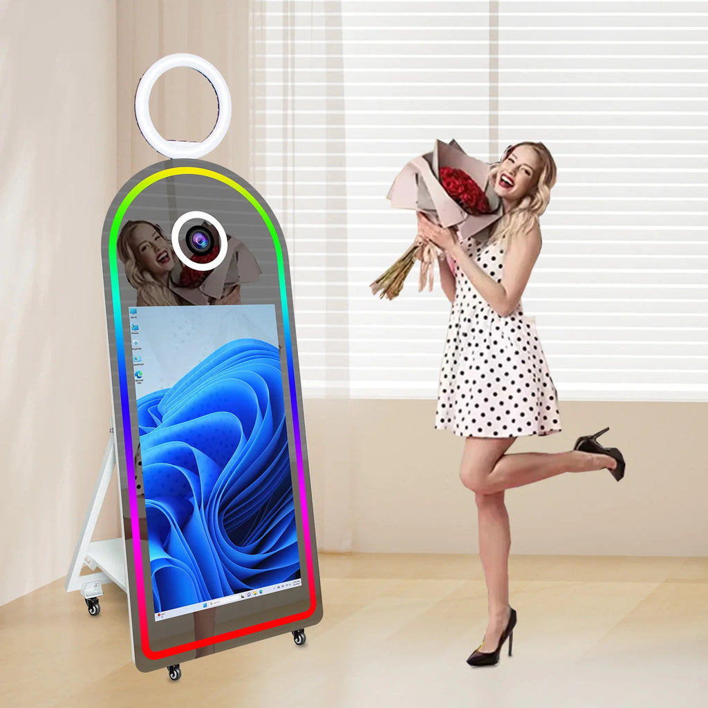 65"Magic Mirror Photo Booth with 43inch Touch Screen and Fill Light Perfect for Event Parties and Wedding Rentals.