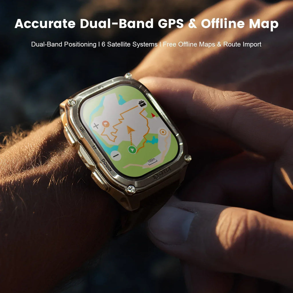 Smartwatch displaying a map on a person's wrist with text about accurate dual-band GPS and offline maps.