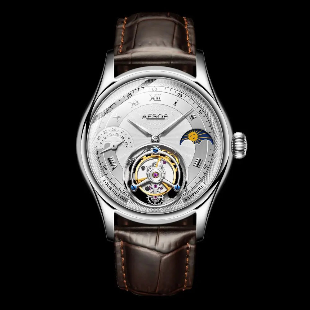 A Peseh automatic watch with a silver-toned case, a detailed skeleton dial, and a brown leather strap, shown against a solid black background.