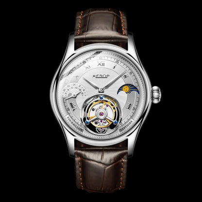 A Peseh automatic watch with a silver-toned case, a detailed skeleton dial, and a brown leather strap, shown against a solid black background.