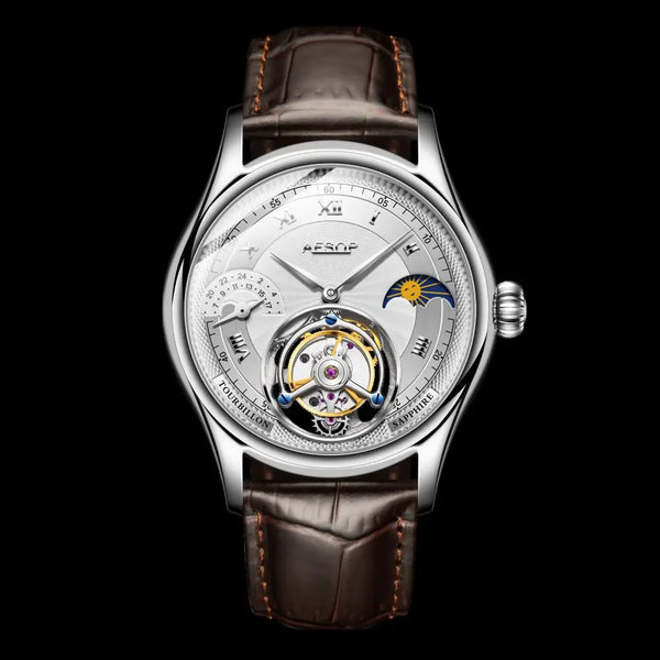 A Peseh automatic watch with a silver-toned case, a detailed skeleton dial, and a brown leather strap, shown against a solid black background.