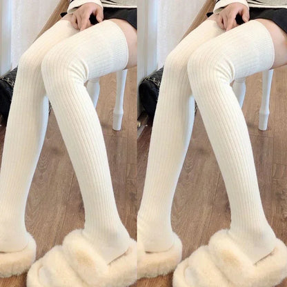 Women's Knee High Socks Paired with Boots Black White Pure Cotton Autumn and Winter Wool Long Socks Winter Warm Pile High Sock