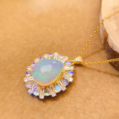 Vexaroa Vintage Natural Opal & Moonstone Necklace 925 Sterling Silver October Birthstone