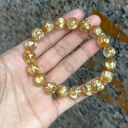Natural Gold Rutilated Quartz Bead Bracelet 10.6mm, Unisex | Vexaroa