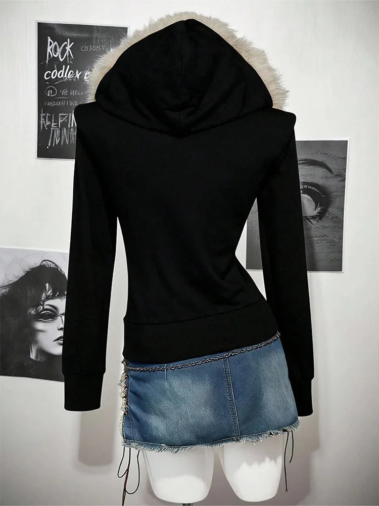 Vexaroa Women's Gothic Zip Hoodie with Fur-Trim Collar