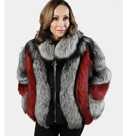 Woman wearing a fur coat with red and gray pattern on a white background