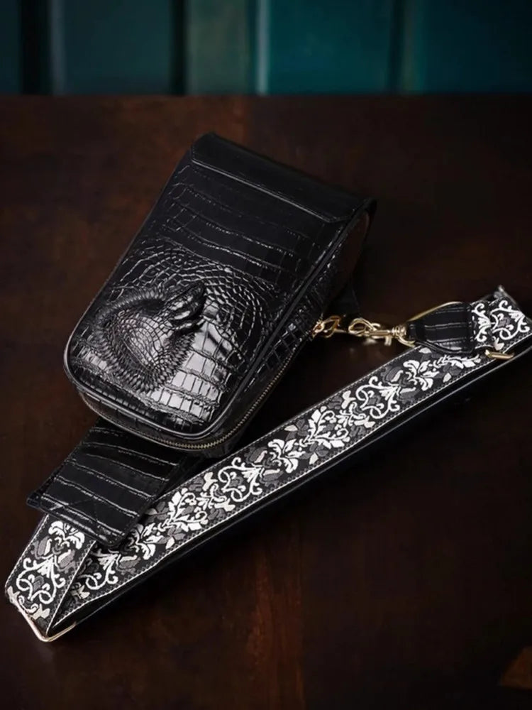 Men's Croc Leather Travel Chest Bag Floral Strap | Vexaroa
