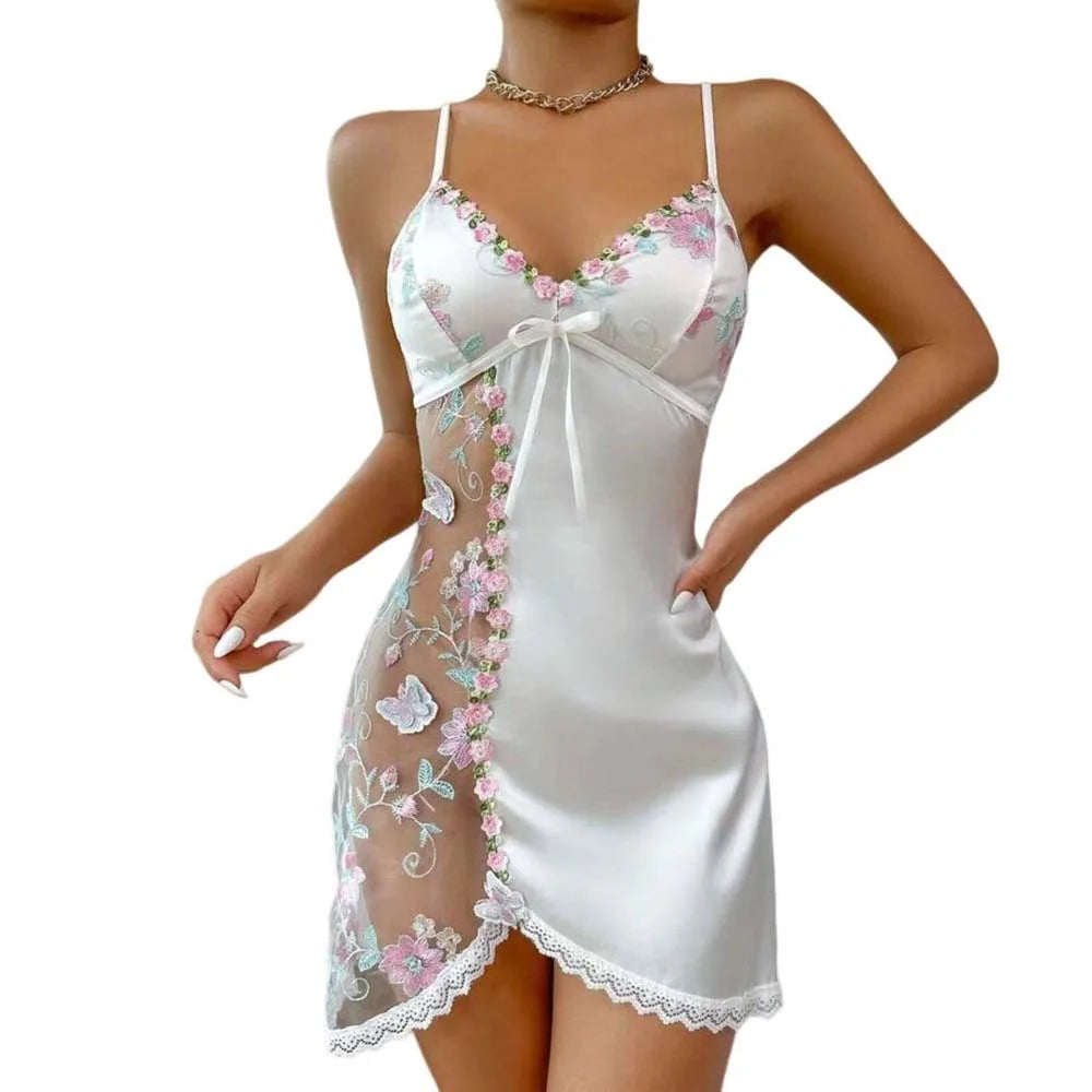 Vexaroa Lace Bow Ice Silk Suspender Nightdress Split Sleepwear