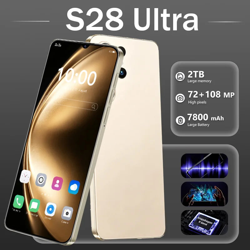 S28 Ultra smartphone shown from front and back on a dark gray background, with text listing 2TB large memory, 72+108 MP high pixels, and 7800 mAh battery. Small feature icons appear on the right.