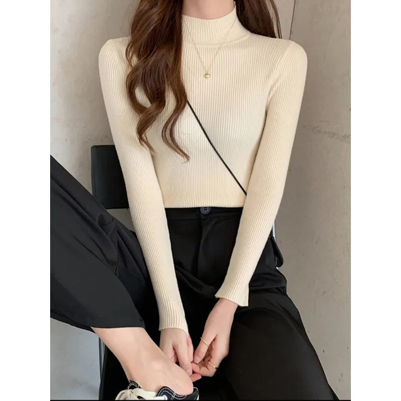 Autumn Winter Mock Neck Women Sweater Vintage Basic Solid Knitted Tops Casual Slim Pullover Korean Sweaters Simple Chic Jumpers