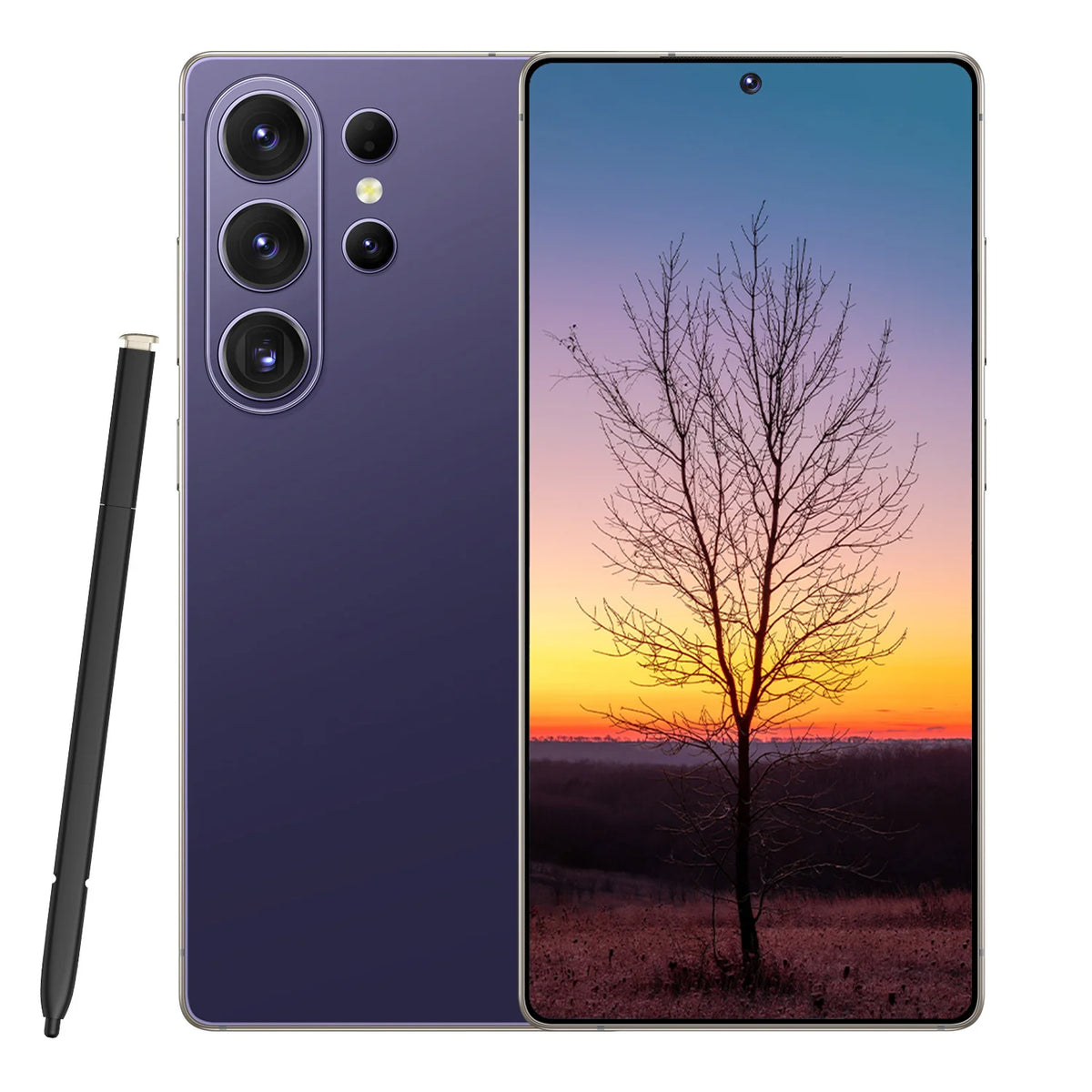 A Samsung Galaxy smartphone shown from the back and front, with a black stylus pen to the left. The phone body is a deep purple-blue color, and the screen displays a sunset landscape with a bare tree.