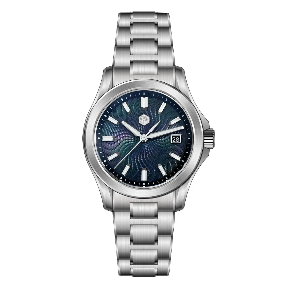 Silver watch with a blue face on a white background