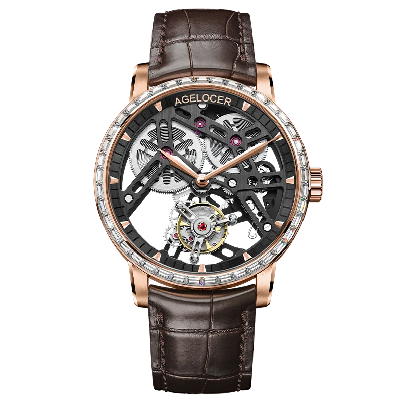 Luxury watch with brown leather strap and visible brand name on a white background