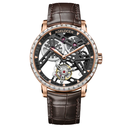 Luxury watch with brown leather strap and visible brand name on a white background