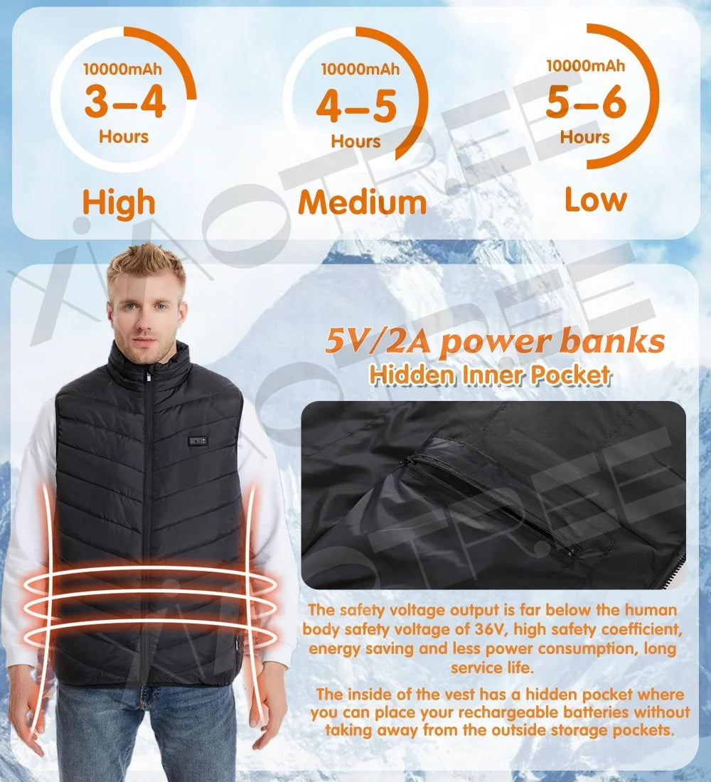 Black safety vest with power bank features and a man wearing it, set against a blue background.