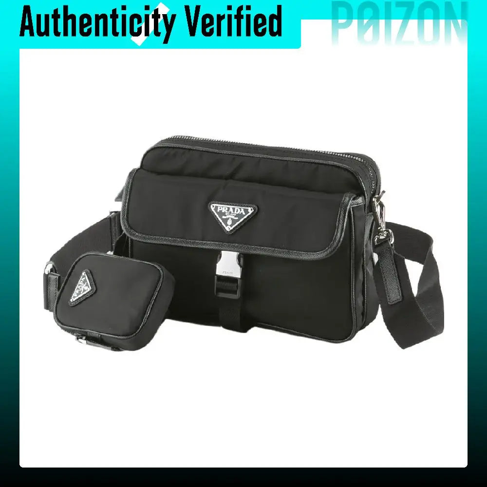 Black Prada crossbody bag with a matching small pouch, shown on a white background with a turquoise border and 'Authenticity Verified' text at the top.
