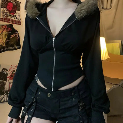 Vintage Punk Hoodies Y2k Crop Top Sexy Streetwear Gothic Grunge Women's Zipper Hooded Winter Slim Coat Hot Girl Aesthetic Hoody