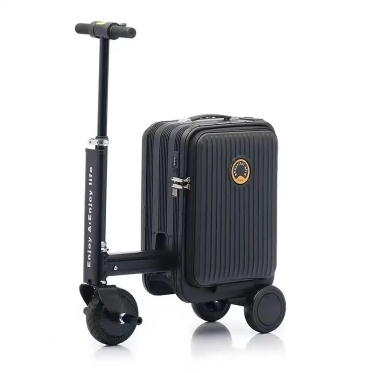 Black suitcase with scooter attachment on a white background