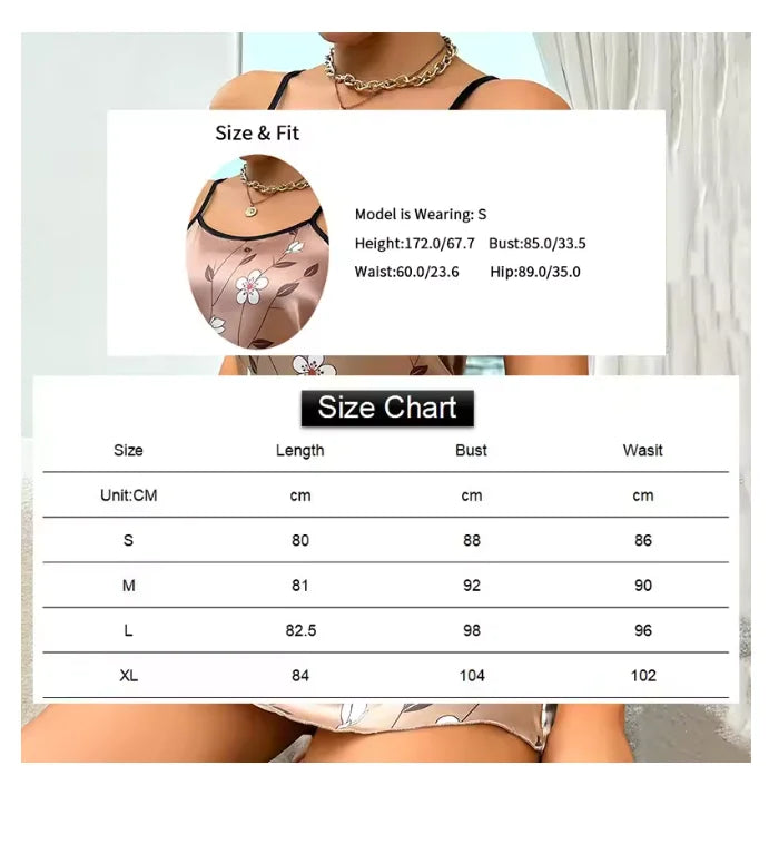 Size chart for a garment with model wearing and measurement details.