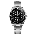 Silver wristwatch with black dial on a white background