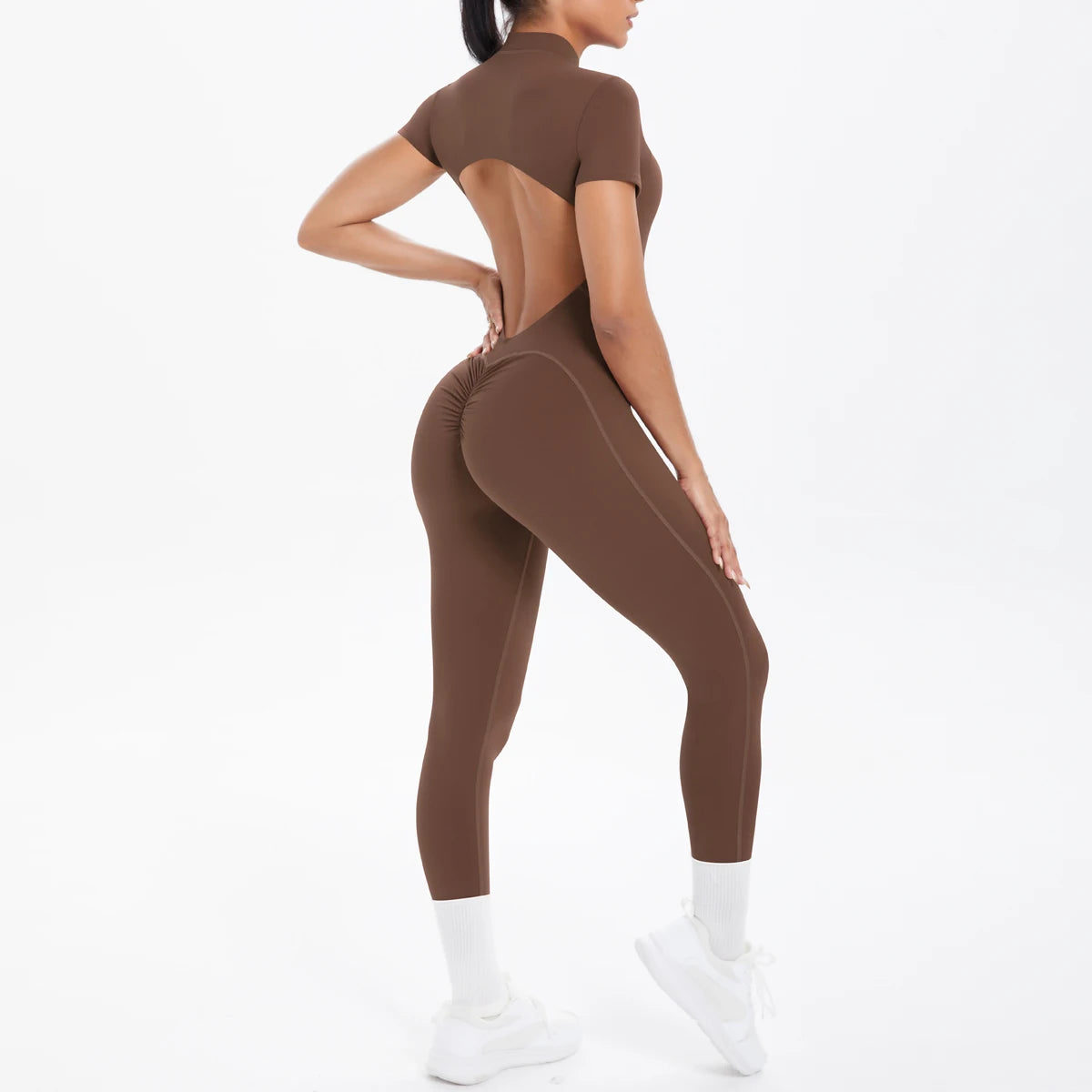 Short Sleeved Fitness Jumpsuit for Woman Bodysuits Backless Solid Color Scrunch One-Piece Suit Half Zipper Gym Yoga Sets Womens