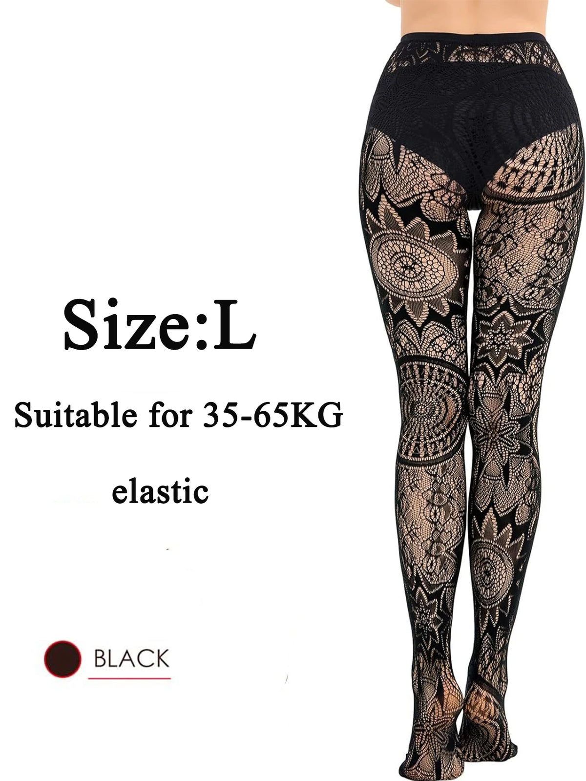 Black patterned leggings with size and weight information on a white background