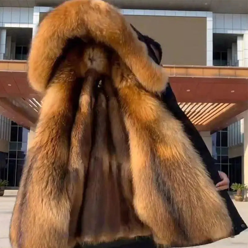 Men Faux Fur Hooded Parka Coat Padded Jacket Winter Outwear Lining Non-detachable Machine-wash Available