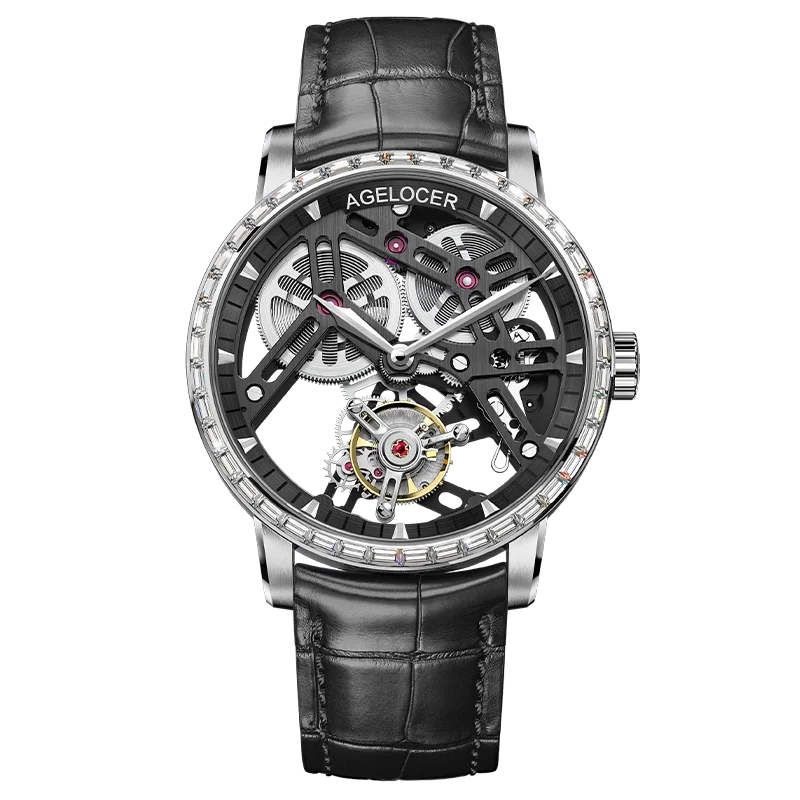 Luxury watch with black leather strap and visible brand name on a white background