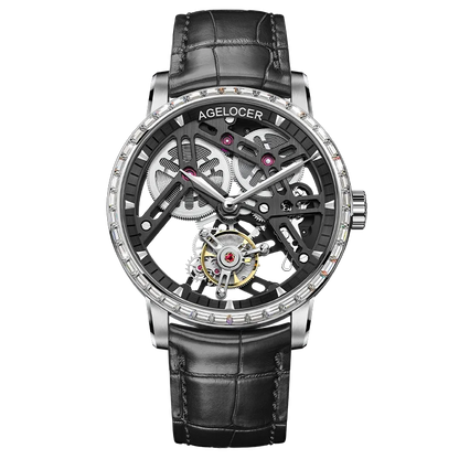Luxury watch with black leather strap and visible brand name on a white background