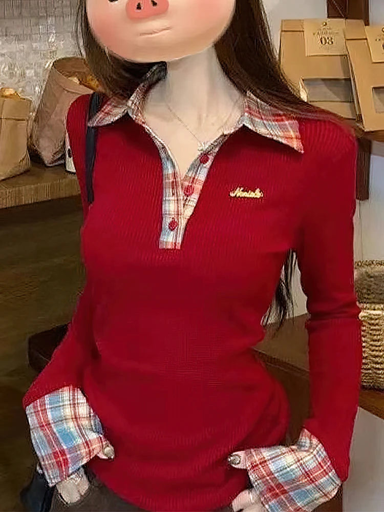 Vexaroa Preppy Plaid Layered Polo Top Fake Two-Piece Blouse